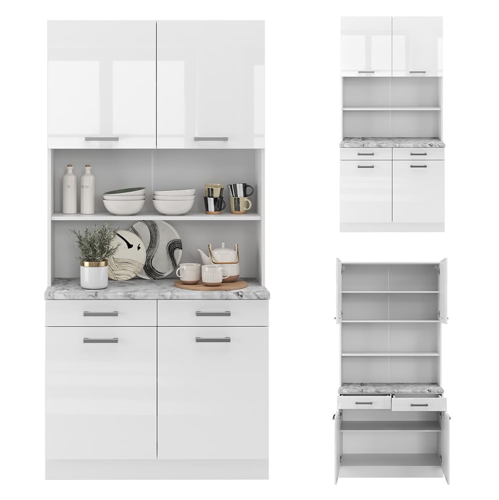 Vicco Bloque de Cocina R-Line, Blanco Alto Brillo, 100 cm, ET Mármol, Apto para combinación Modular en líneas de Cocina