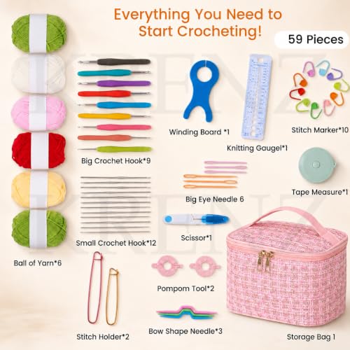 Image of KRENZ 59 Pcs Crochet Kit Set For Beginner Adults Kids Starter Kit Crochet Needles Set Crochet Kit Include 6 Yarn Crochet Hooks Stitch Markers Storage Bag All In One Crochet Hook Set With Crochet Yarn (Pink Gold Chex)