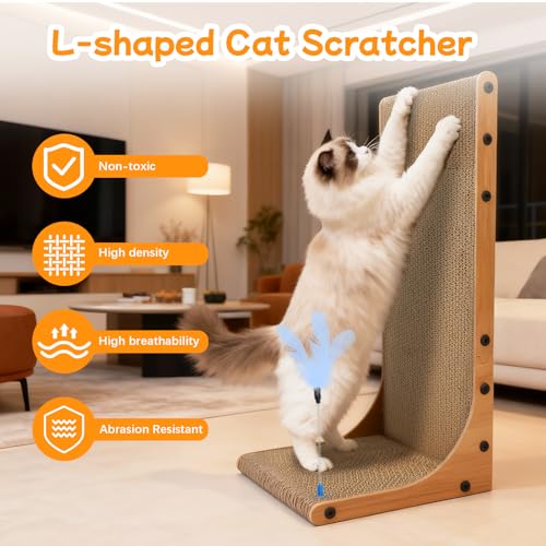 Cat Scratching Post, 3-in1 Scratching Board for Indoor Cats, 2PK 22in L-Shaped Cat Scratcher with 1PK Cardboard Box Scratch Pad, Cats Scratch Furniture Protector with Feathered Toy - Image 6