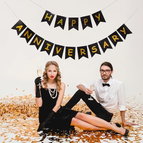 Image of Happy Anniversary Banner Black Banner,Hanging Sign Garland for wedding Birthday Party Ceremony Decoration