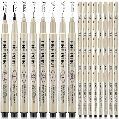 YooNotee 48 Pcs Micro Fineliner Pen Set, 8 Tip Sizes (005, 01, 02, 03, 05, 08, 1, Brush), Black Waterproof Archival Ink Drawing Pens for Artist Illustration, Sketching & Journaling