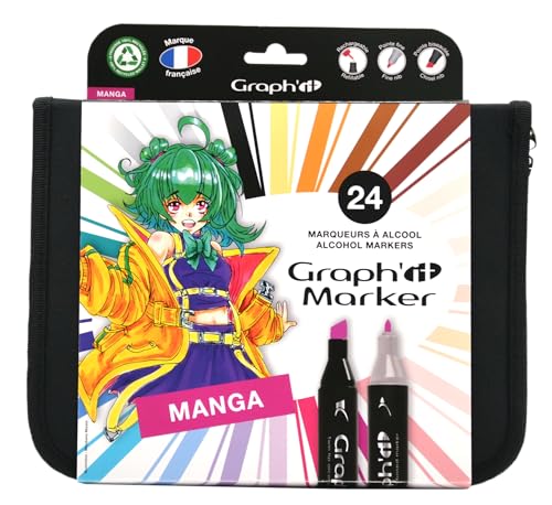 GRAPH’IT Trousse 24 Marqueurs Alcool Double Pointe - Set Manga - Pointe Fine et Biseautée - Illustration, Rough, Scrapbooking et Coloriage - Kit Dessin Complet, Couleurs - Adulte, Enfant