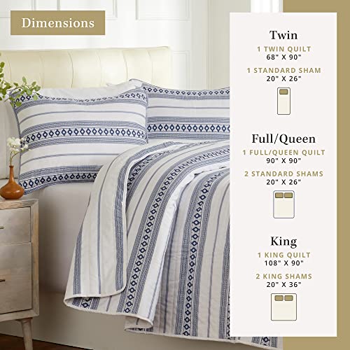 3 Piece Quilt Set With Shams | Soft & Breathable Bed Cover For Spring & Summer | All-Season Quilt | Multi Layer Coverlet | Lightweight Bedspread | Boho Stripes | Sydney Collection (Full/Queen, Navy) #TOP2