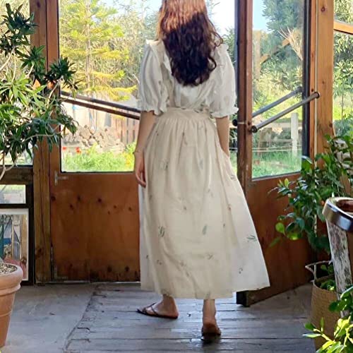 Losofar Embroidered Cotton Pleated Apron Retro Waterdrop Proof Garden Cleaning Pinafore Dress (Floral Beige, 103Cmx86Cm) #TOP2