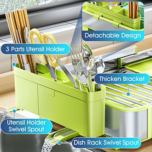 Pxrack Aluminium Dish Drying Rack, Expandable(14.9"-22.2") For Kitchen Counter, Rustproof Kitchen Sink Large Dish Rack With Drainboard With Utensil Holder, Green #TOP5