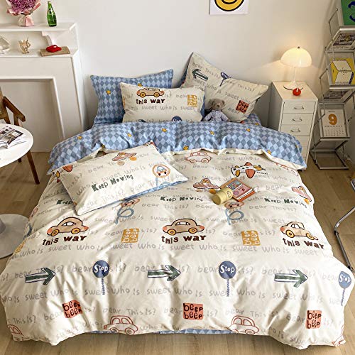BlueBlue Cars Duvet Cover Set Twin 100% Cotton Bedding for Kids Boys Girls Teens Transportation Car Airplane Truck on Cream White 1 Cartoon Comforter Cover with Zipper Ties 2 Pillowcases Twin