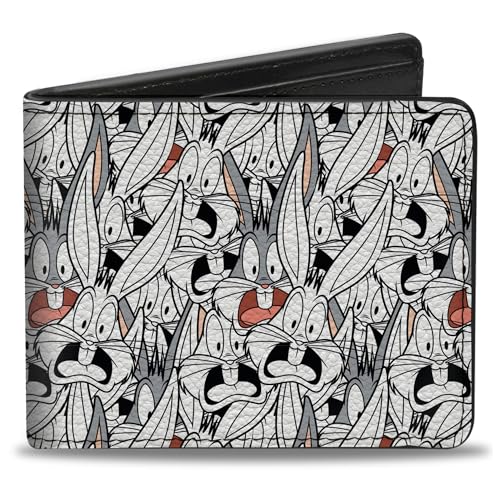 Buckle-Down Men's PU Bifold Wallet-Bugs Bunny Expressions Stacked White/Black/Gray, Multicolor, 4.0