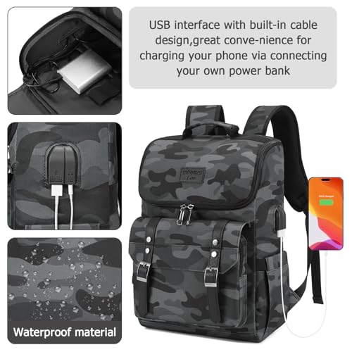 Image of YALUNDISI Vintage Backpack Travel Laptop Backpack with usb Charging Port for Women & Men College Backpack Fits 15.6 Inch Laptop Camouflage Gray