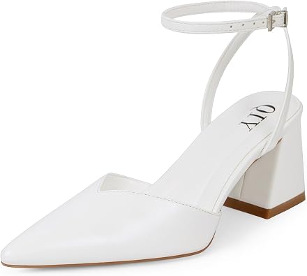 QIY Closed Toe Heels for Women Ankle Strap Pointed Toe Slingback Chunky Low Heels Womens Pumps Wedding Dress Shoes