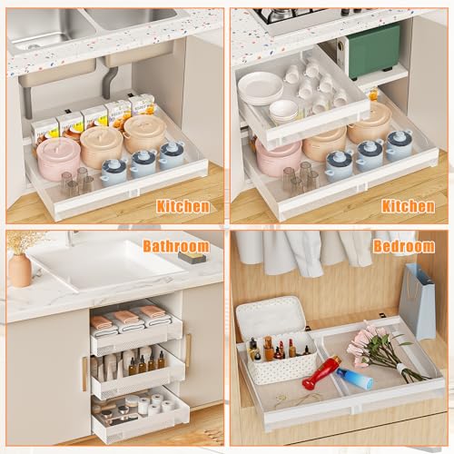Hisencn Pull Out Cabinet Organizer, Expandable Width 13.9\"-22\", 21.8\" Deep Heavy Duty Slide Out Drawer for Kitchen Cabinets, No Drill Roll Out Shelves with Adhesive Nano Film (White)