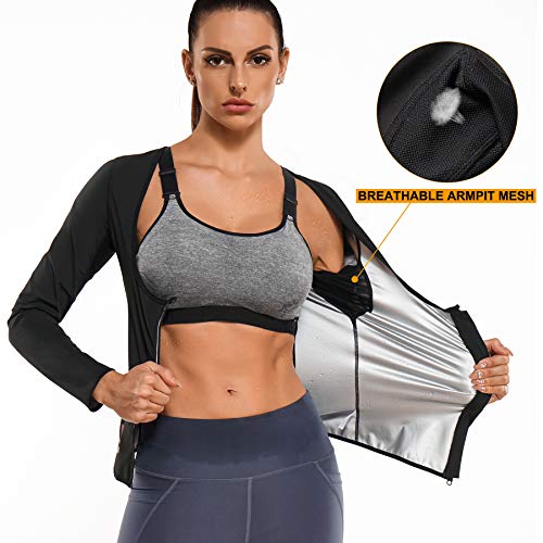 Kumayes Sauna Suit For Women Weight Loss Sweat Body Shaper Jacket Hot Waist Trainer Long Sleeve Zipper Shirt Workout Top (Black, Large) #TOP2