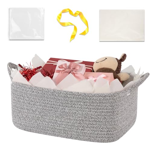 Image of OIASKET Gift Basket Empty with Handle, Small Woven Baskets for Gifts Empty | 13.6 inchx10 inchx5.9 inch, Baby Shower Toy Storage Baskets, Dog Toy Storage for Organizing, with Gift Bag Ribbon Tissue Paper