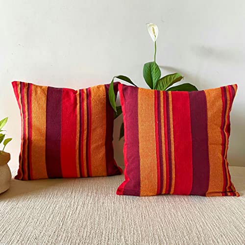 Image of RANGBHAR Handloom Cotton Cushion Covers with Concealed Top Zip, Striped /Solid Cushion Covers for Living Room, 16 x 16 inch, Red, Pack of 2