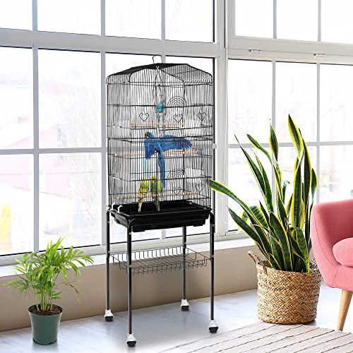 SUPER DEAL 59.3 Rolling Bird Cage Large Wrought Iron Cage for Cockatiel Sun Conure Parakeet Finch Budgie Lovebird Canary Medium Pet House with Rolling Stand & Storage Shelf - Image 2