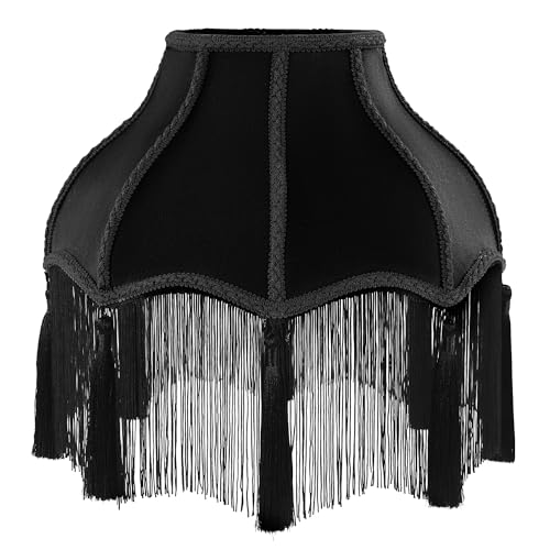 MABOZOO Victorian Lamp Shade Velvet Vintage Lampshade with Tassel and Fringe 6.4x13x12.3 Bell Shape Scallop Lampshades for Table Floor and Bedside Lamps (Black)