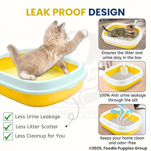 Image of Foodie Puppies Cat Litter Box Tray with Rim and Scooper - (Yellow) (Large, 46 x 38 x 13 cm) | Semi-Closed Design and Durable Quality | Pet Litter Sand Tray Suitable for All Adult Cats & Kittens