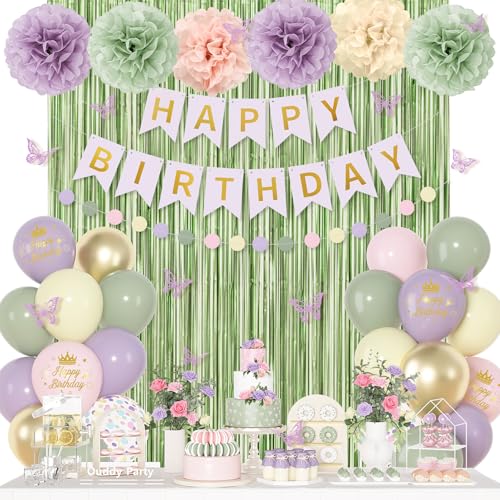 Fairy Birthday Decorations for Women Girls Lavender Green Pastel Pink Yellow Metallic Printed Balloons Butterfly Stickers Fringe Curtain Happy Birthday Banner Circle Dot Paper Pompom Party Supplies
