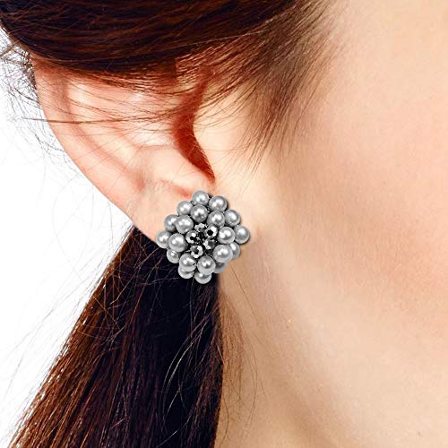 Aeravida Iridescent Cluster Of Silver Colored Pearls With Grey Crystal Beads Clip-On Earrings For A Vintage And Classically Accesory #TOP3