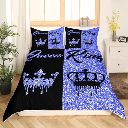 Homemissing Black and Dark Blue Crown Queen and King Duvet Cover Double Size for Adults Couple Men Women,Valentine'S Day Wedding Gifts,His and Hers Quilt Cover 2 Pillowcases Bedroom Decor(No Glitter) - Image 3