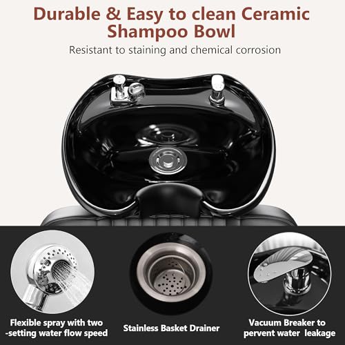 Image of Shampoo Bowl and Chair Set for Salon,Backwash Chair with Adjustable Tilting Porcelain Sink, Salon Hair Washing Station with Ceramic Shampoo Bowl Neck Rest