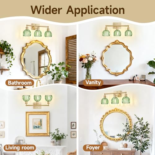 Image of Bathroom Light Fixtures Over Mirror,3 Light Vintage Bathroom Vanity Lights,20 in Brushed Brass Antique Vanity Light with Green Tulip Glass Shade for Bedroom, Living Room, Foyer,E26 Base