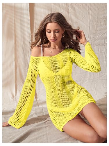 Image of Floerns Women's Crochet Cover Up Long Sleeve Hollow Out Bikini Swimsuit Beach Cover Up Swimwear