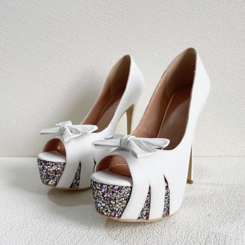 Frankie Hsu Sexy Stiletto Platform High Heeled Pumps, Classic White Colorful Glitter Fashion Shoes, Big Large Size Designer Bow Spike Ankle Sandal For Women US5-144