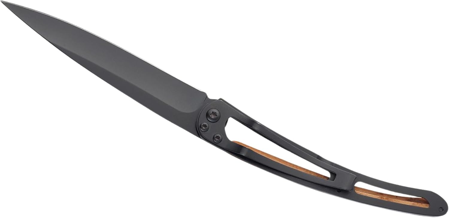 deejo - 37G Folding Pocket Knife with Belt Clip - Trout Design, 3.7-Inch Stainless Steel Blade, Black Titanium Finish, Juniper Wood Handle - Lightweight Everyday Carry for Home, Work, and Outdoor Use