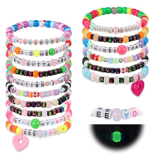 16/24/32Pcs Rave Kandi Bracelets Set Glow In The Dark EDM Music Stretch Bracelets Multi Color Beaded Kandi Cuff Rave Accessories Jewelry Music Party Favor for Women Men Friends EDM Party Music Festival