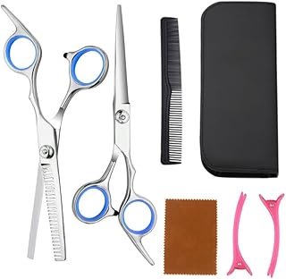 مجموعة مقصات شعر احترافية من جي كيو، مقصات تخفيف للصالونات والمنزل وتنعيم الشعر للرجال والنساء 7 قطع أسود وأزرق