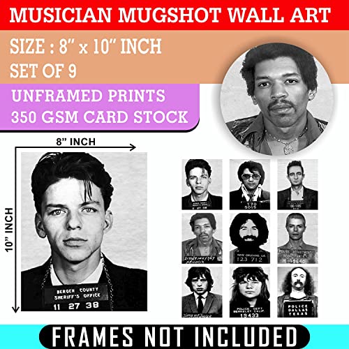 Musician Mugshot Poster - Bowie Elvis Johnny Cash Jerry Garcia Jimi Hendrix Mick Jagger Frank Sinatra David Crosby Janice Joplin - Vintage Rock Band Posters Wall Art - Set Of 9 Unframed 8X10 Prints #TOP1