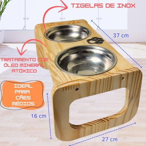 Comedouro Elevado para Cães Médios de Madeira Pinus | Acompanha Tapete Emborrachado 53x28cm | Tigela