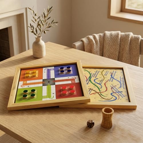 Image of Wooden Magnetic 2-in-1 Ludo and Snakes & Ladders Board Game, Antique & Beechwood, Reversible, Portable, 26.5x26.5 cm, with Tokens and Dice (10 Inches Beech Wood Brown)