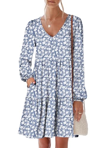 ANRABESS Womens Fall Long Sleeve V Neck Casual Short Dress Floral Blue