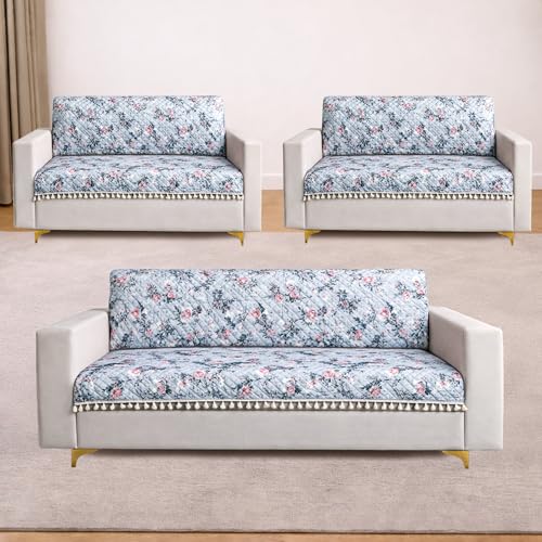Image of Homerz Premium Printed Quilted Velvet Sofa Slip Cover Protector with Tassels, Sofa Mat, Exact Size, Antislip Cover (Grey Autumn, 7 (3+2+2) Seater, Full)