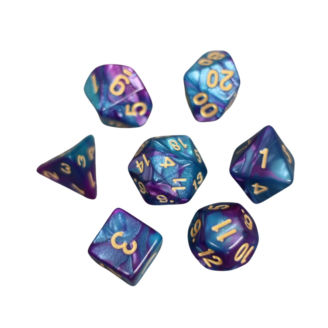Galaxy Blue & Purple Marbled DND Dice Set, 7 Piece Dice Set, Roll Playing Game Dice with Dice Bag