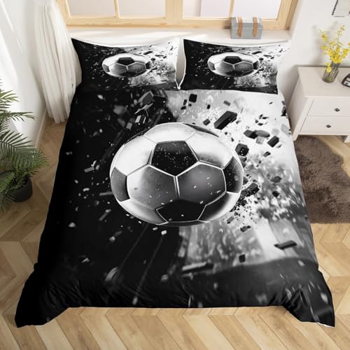 Homemissing 3D Soccer Housse de Couette 220x240cm Football Sport Thème Parure de Lit pour Garçons Filles Noir Argent Ensemble de Literie Chambre Décor avec...