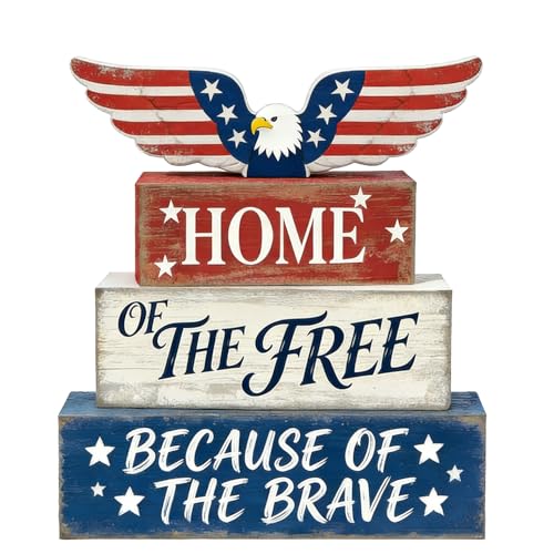 4th of July Table Decorations Patriotic Memorial Day Tiered Tray Decor Wooden Eagle Block Signs Independence Farmhouse 250th July Fouth Centerpiece for Tables Wooden Sign for Home Decor