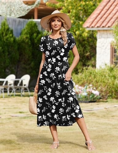 Image of Zeagoo Women Summer Midi A Line Dress Short Sleeve Casual Flowy Tiered Beach Long Sundress with Pockets 2026 Vacation Travel