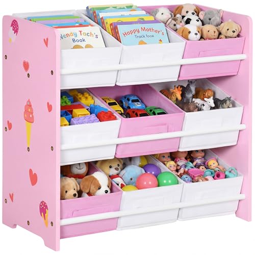 ZONEKIZ Estantería Infantil con 9 Cajas de Tela no Tejida Extraíbles Organizador de Juguetes para Dormitorio Guardería 63x30x60 cm Rosa