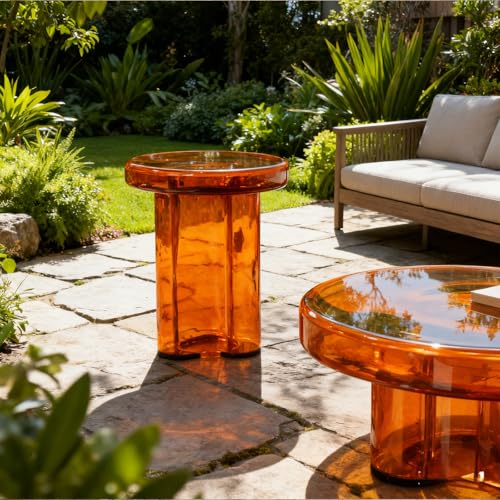 Image of Modern Glass Coffee Table, Minimalist Round Coffee Table, Small Low Coffee Table for Living Room(w14.96*H18.5in,Amber)