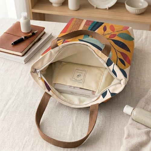 Image of Canvas Tote Bag with Zipper for Women| Inside Pocket | Cotton College Shoulder Bag | Stylish Travel Sling & Handbag for Daily Use