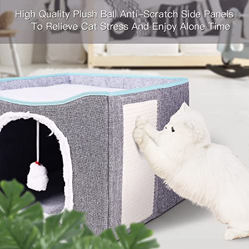 Cat Beds for Indoor Cats -Foldable Cat Cube Cave House with Removable Sisal Rope Cat Scratcher and Fluffy Ball Hanging… - Image 3