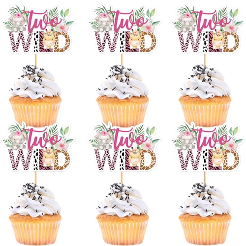 36Pcs Pink Two Wild Cupcake Toppers Monstera Leaf Palm Leaves Two Cupcake Picks for Summer Safari Animal Baby Shower Wild Animal Girls 2nd Birthday Cake Cupcake Decorations