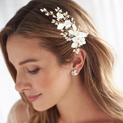 Pinza para cabello con flor cerámica blanca miniatura 2
