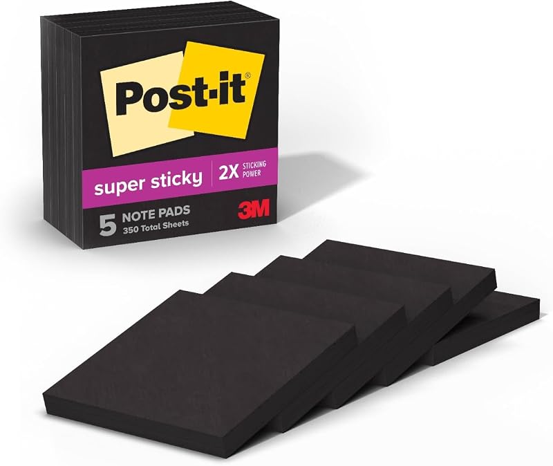 Post-it Super Sticky Notes, 5 blocs de notas adhesivas, 3 x 3 pulgadas, suministros escolares, productos de oficina, notas adhesivas para superficies verticales, monitores, paredes y ventanas, ónix negro