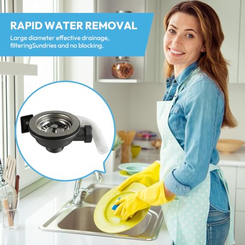 Ablaufgarnitur Spüle, Siphon Küchenspüle Edelstahl Küchenspüle Siebkorb Spülbecken Ablaufgarnitur mit Rechteck Überlauf, Spülenablauf Siebkorbventil 114mm, für Küche, Bad