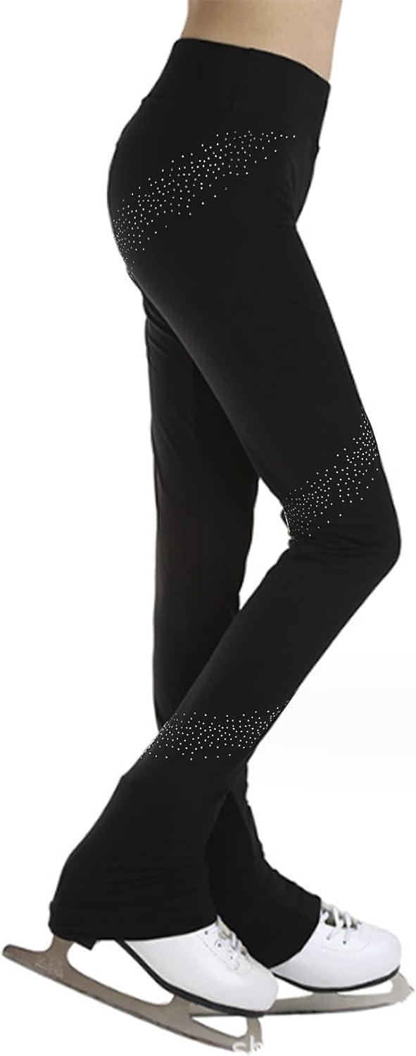 Kids Boys Girls Elastic Waistband Rhinestones Decor Pants Ice Skating Workout Sports Practice Leggings