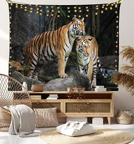 Ambesonne Animal Tapestry, Tiger Couple in The Jungle on Big Rocks Image Wild Cats in Nature Image Print, Wide Wall Hanging for Bedroom Living Room Dorm, 80" X 60", Grey and Ginger