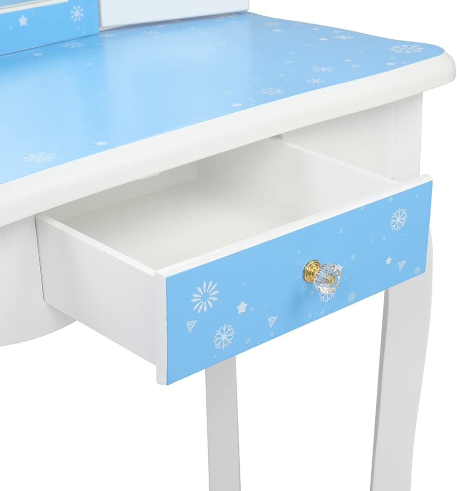 Kids Vanity Princess Vanity Makeup Table Set, Girls Vanity Set of Table, Chair and 3 Sided Folding Mirror Kids Table Pull-Out Drawer with Blue Snowflake Style